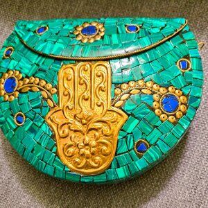 RAMLA HANDMADE MOSAIC HAND BAG-GREEN AND GOLD
